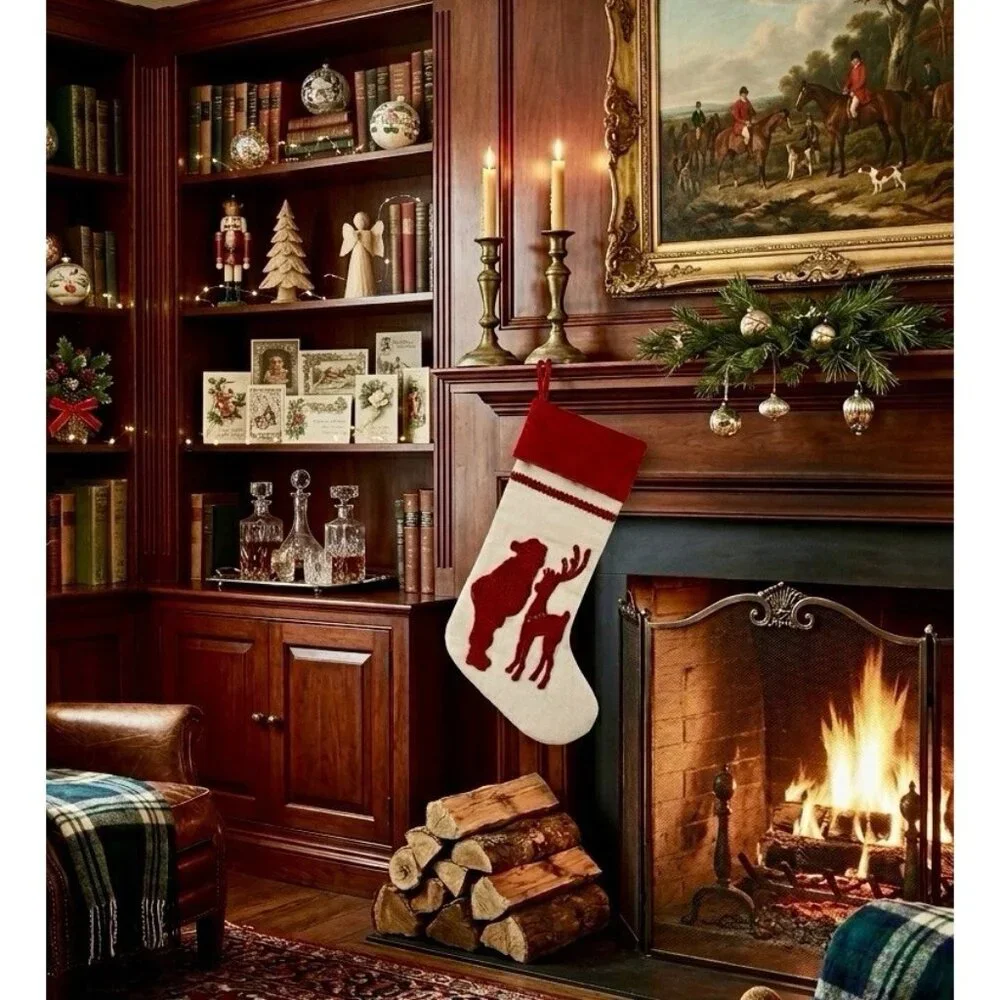 1 Pottery Barn Kids Christmas Stocking Santa Claus Reindeer Linen Velvet Holiday